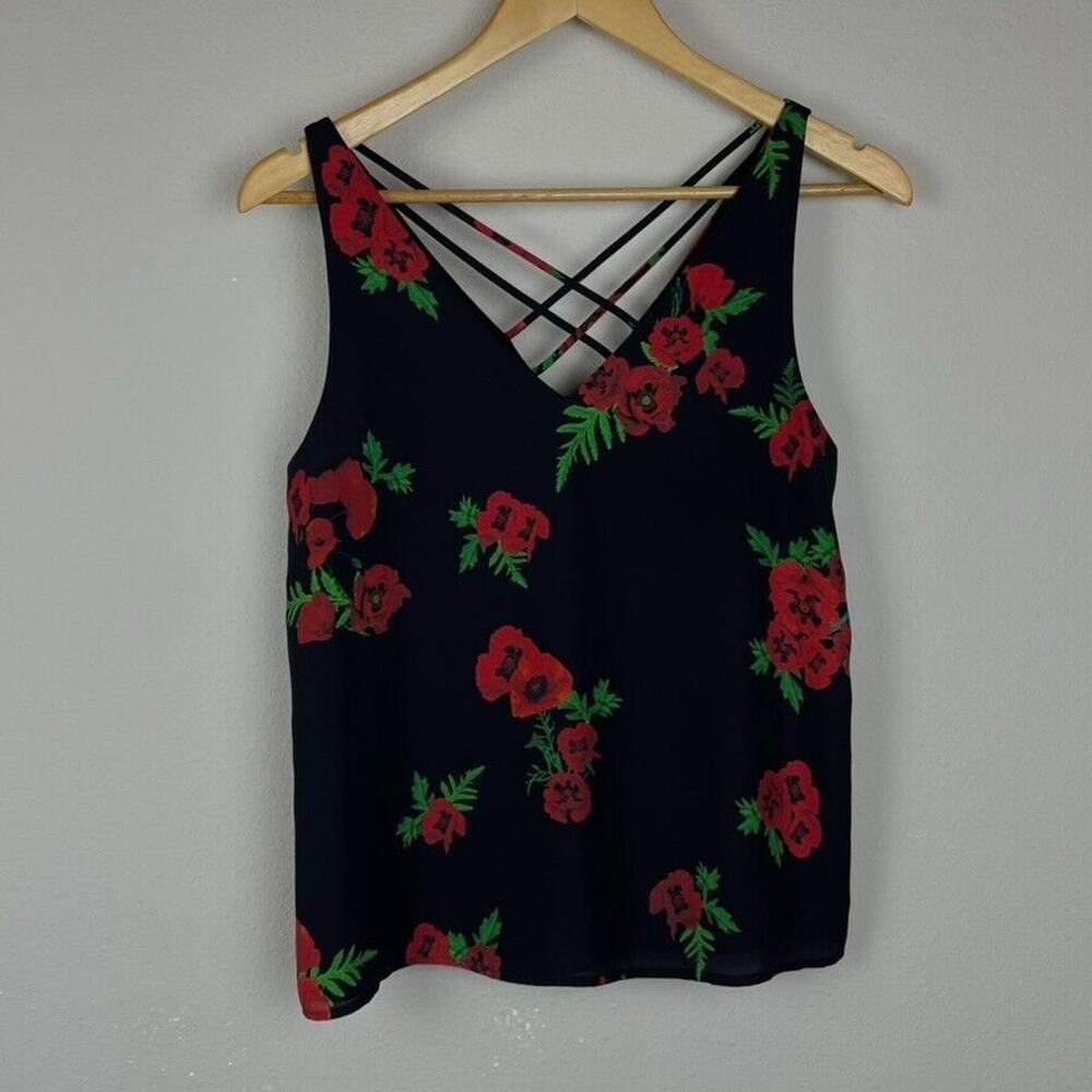 Express Floral Sleeveless Top – Size XS – Black & Red – Y2K Soft Girl Bloomcore